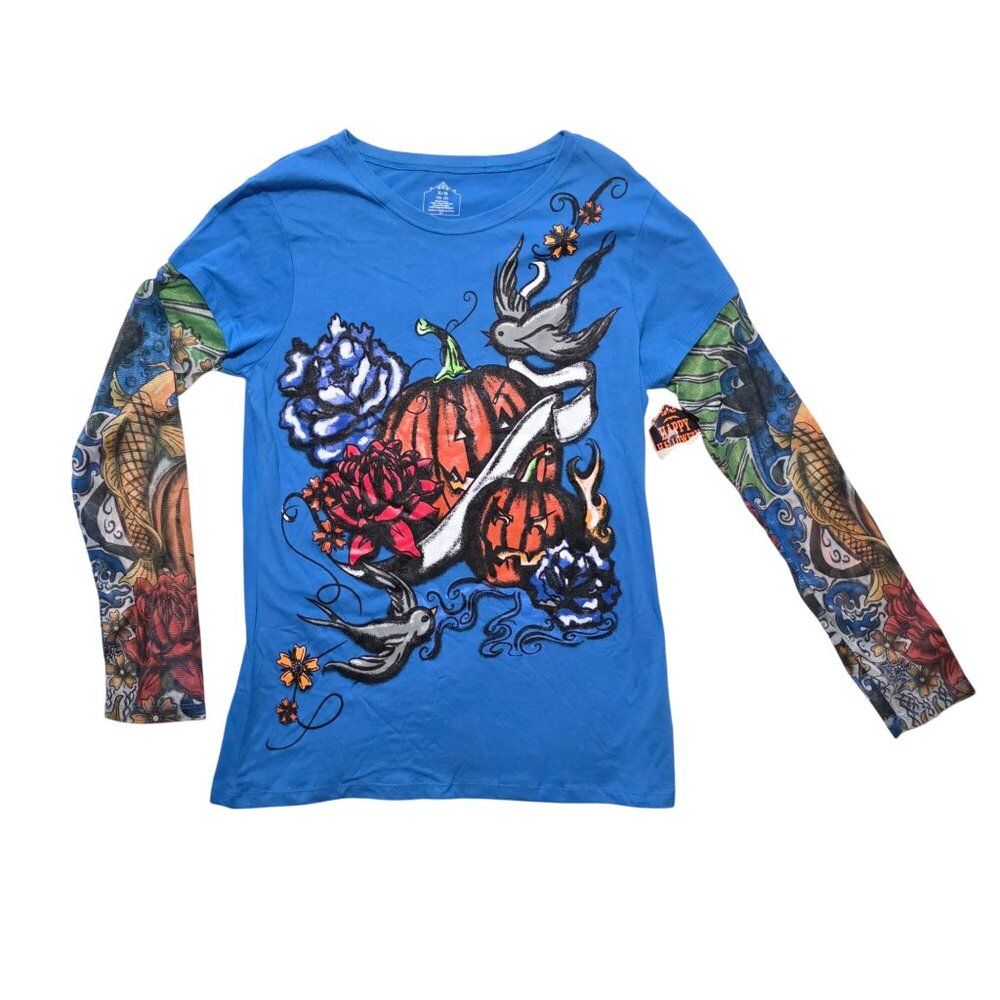 Womens Small Medium Halloween Tattoo Sleeve Shirt Nwt Pumpkin Swallow Bird Blue